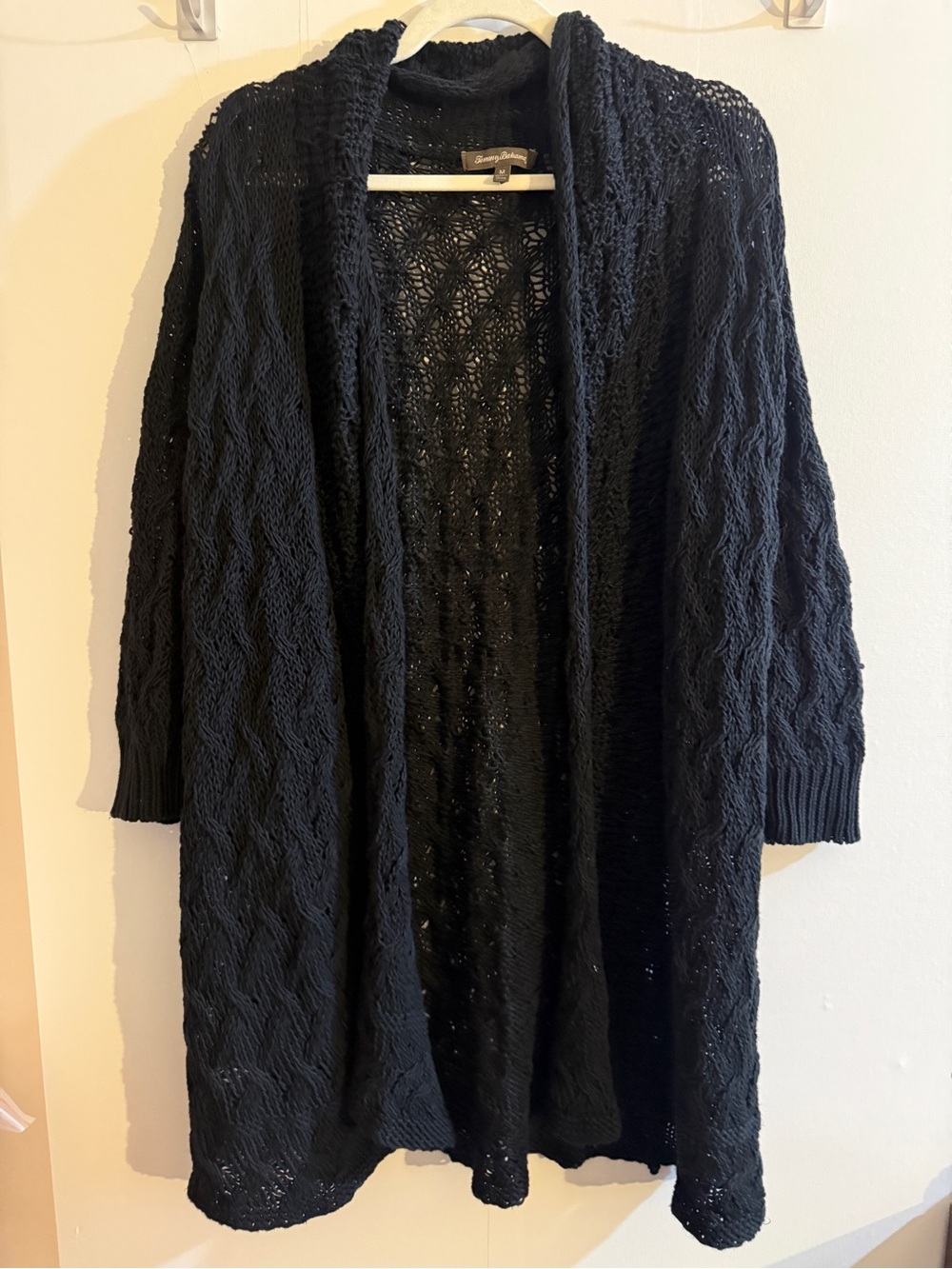Tommy Bahama Black Linen Cotton Cable Knit Long Cardigan Duster M